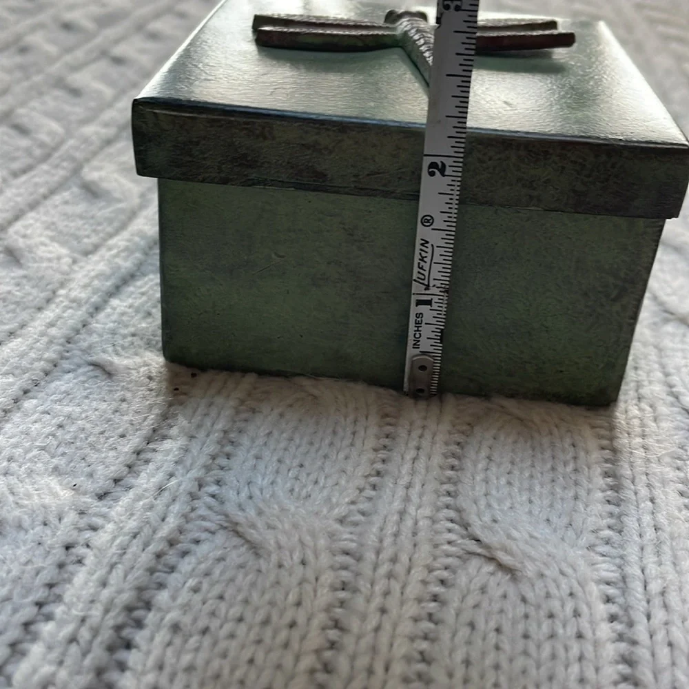 Metal dragonfly trinket box with lid 3.5” square 2” tall. Green painted finish